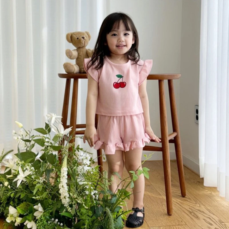 Humor Bear New Children\'s Set Korean Style Cherry Lace Short Sleeved Shorts Girl\'s Casual Suit