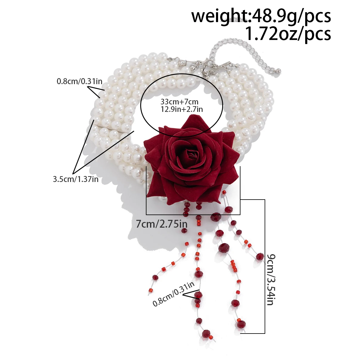 KunJoe New Gothic Black Red Crystal Tassels Chain Halloween Large Rose Flower Necklace Women Multi Layer Imitation Pearl Choker