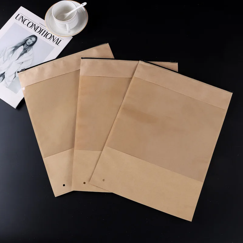 

200Pcs/Lot 29x39cm Kraft Paper Clothing Zipper Bag Large Window Opening Underwear Clothing Bag Retail Packaging Bag