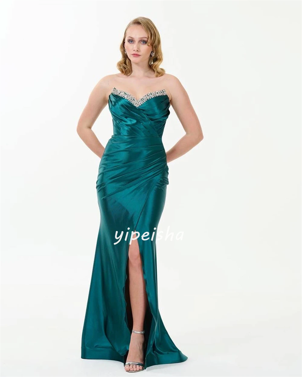 Satin Rhinestone Evening A-line Strapless Bespoke Occasion Gown Long Dresses