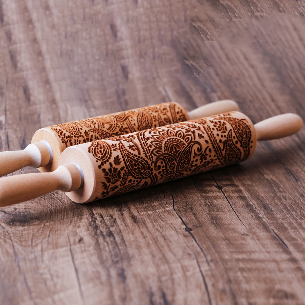 New Big size Tree of Life Deep Engraved Wooden Embossed Cookie Flower Rolling Pin for Baking 3D Mold