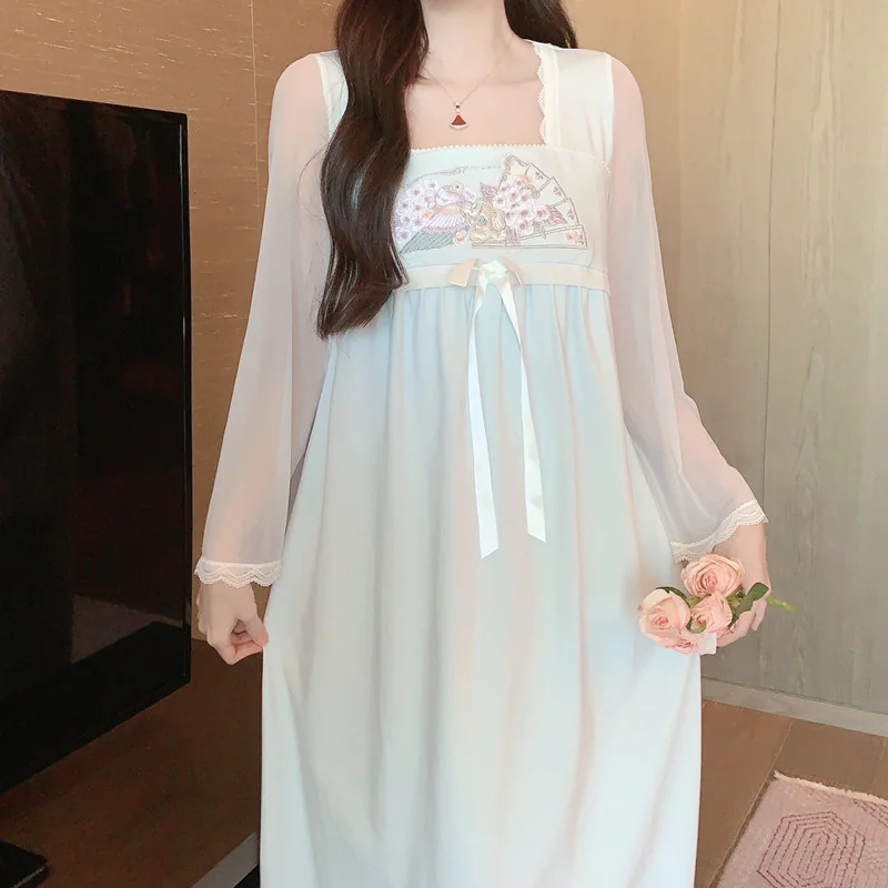 Female New Chinese Court Style Long Nightgown Embroider  Mesh Bathrobe Sleepwear Summer Nightdress Casual Modal Home Wear