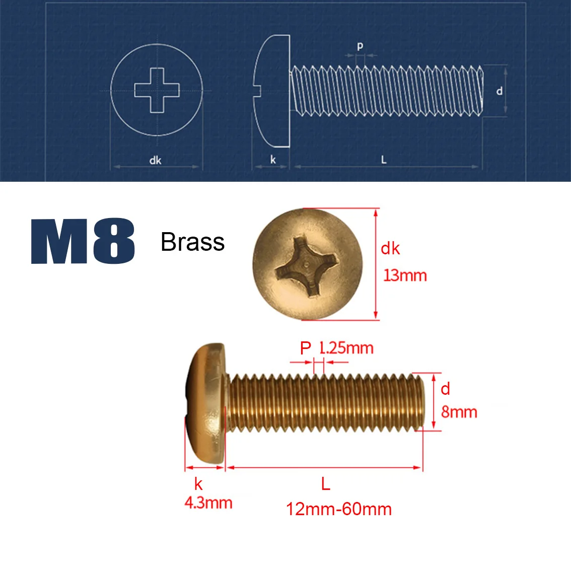 2-50pcs Brass Phillips Pan Head Screws M2 M2.5 M3 M4 M5 M6 M8 Round Head Cross Machine Screws Bolts