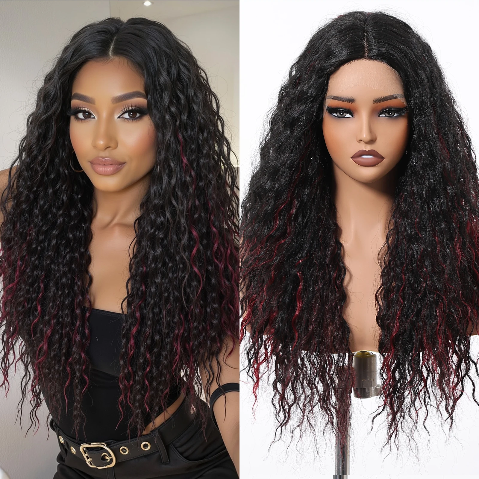 

Long Afro Kinky Curly Synthetic Wigs T Part Deep Lace Wigs Black Highlight Red Burgundy Wigs for Women Daily Lace Wigs Brazilian