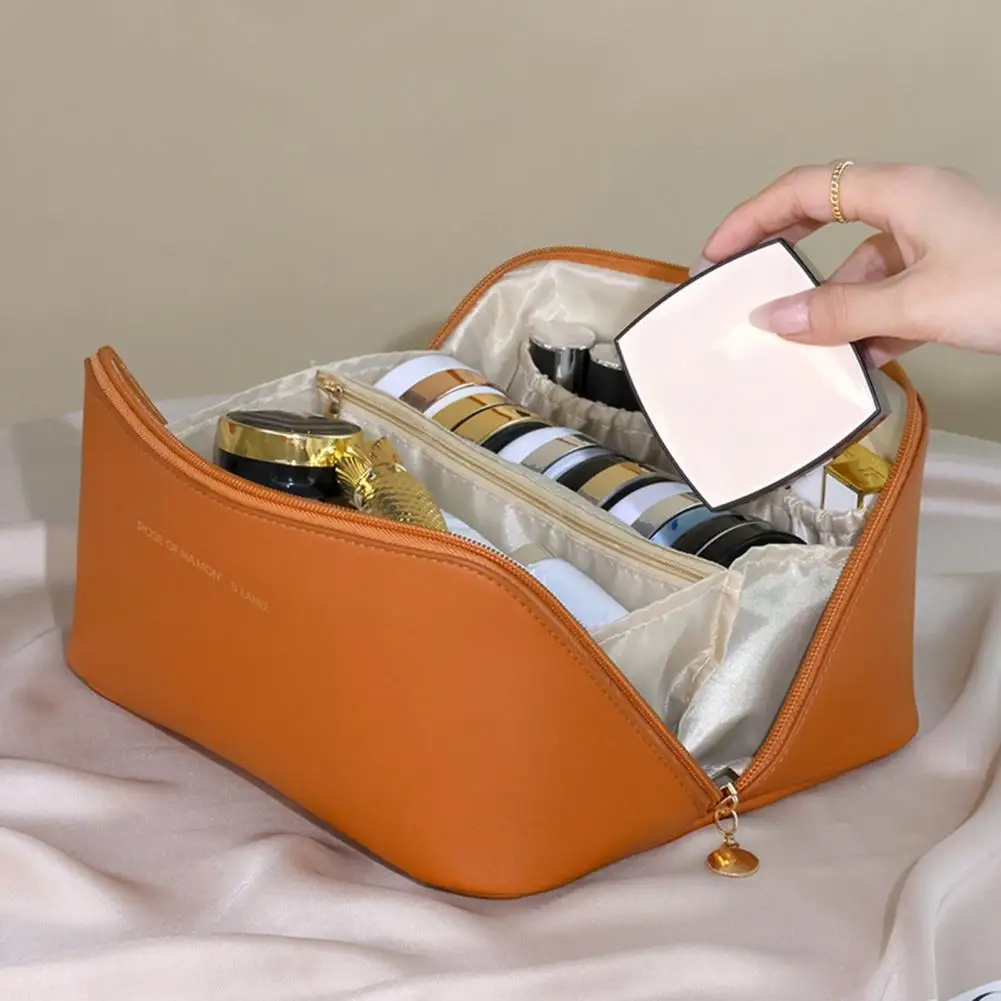 Waterproof Makeup Bag Faux Leather Cosmetic Storage Bag with Handle Travel Toiletry Pouch Multifunctional Makeup Organizer