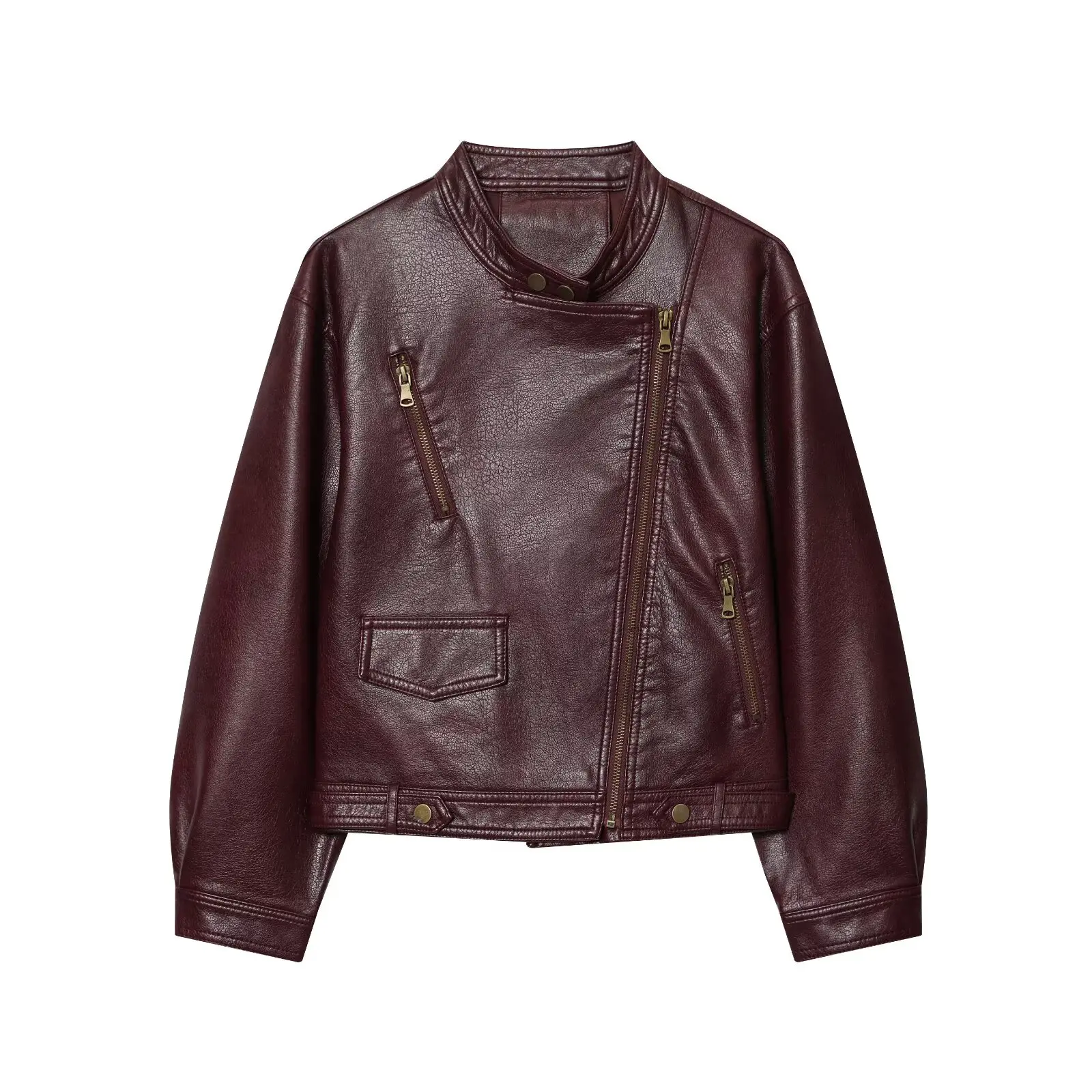 

Faionable Design Women's PU Leather Jaet Autumn New Sle Side Zipper Long Sve Busin Commute Windproof Coat