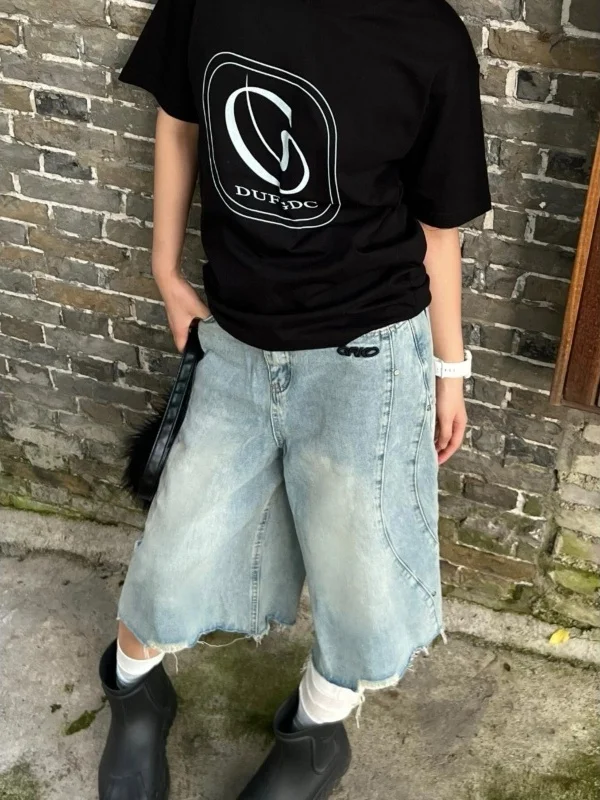 

Retro American Waed Wave Hole Seven-Foot Jeans Men Women High Street Design Tassel Frayed Wide Leg orts Casual Denim