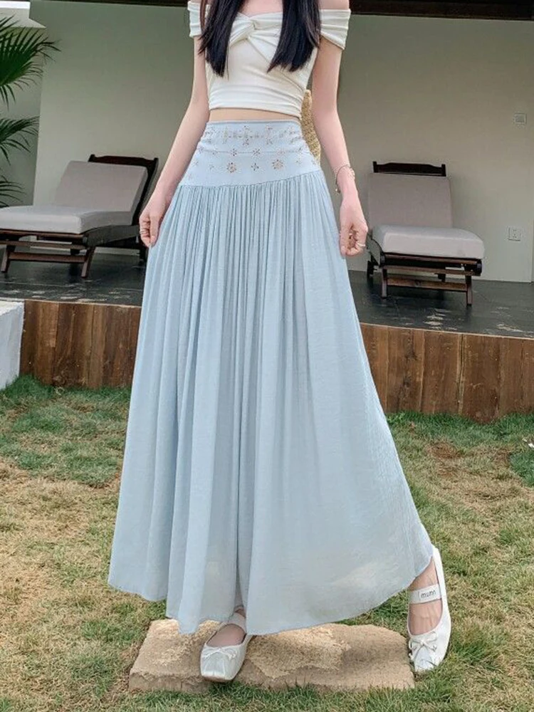 Women Sweet Boho Long Skirt Summer Vintage Loose High Waist Elegant Skirts Casual Retro All Match Female Cute Long Skirts New
