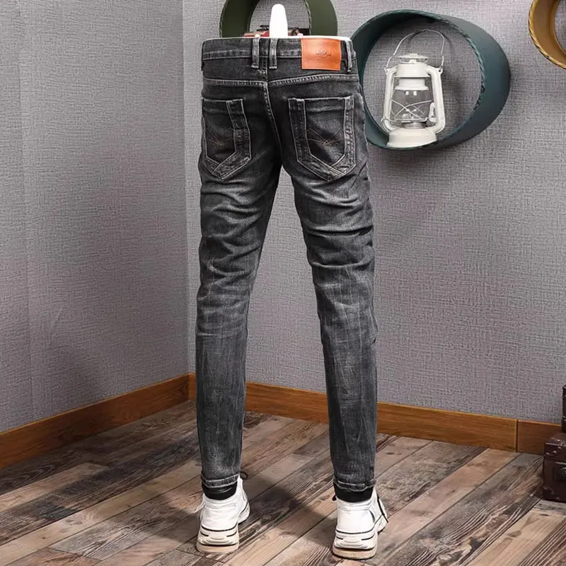 Street Fashion Men Jeans Retro Black Gray Stretch Slim Fit Ripped Jeans Men Embroidery Designer Vintage Denim Pants Hombre