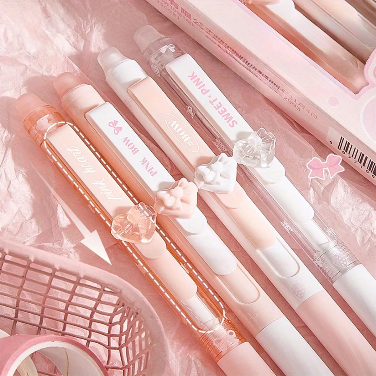 

4 Erasable Neutral Pens, Comfort Grip, 0.5mm Fine Tip, and Blue Ink, Cute Design with Bow and Strawberry Decorations