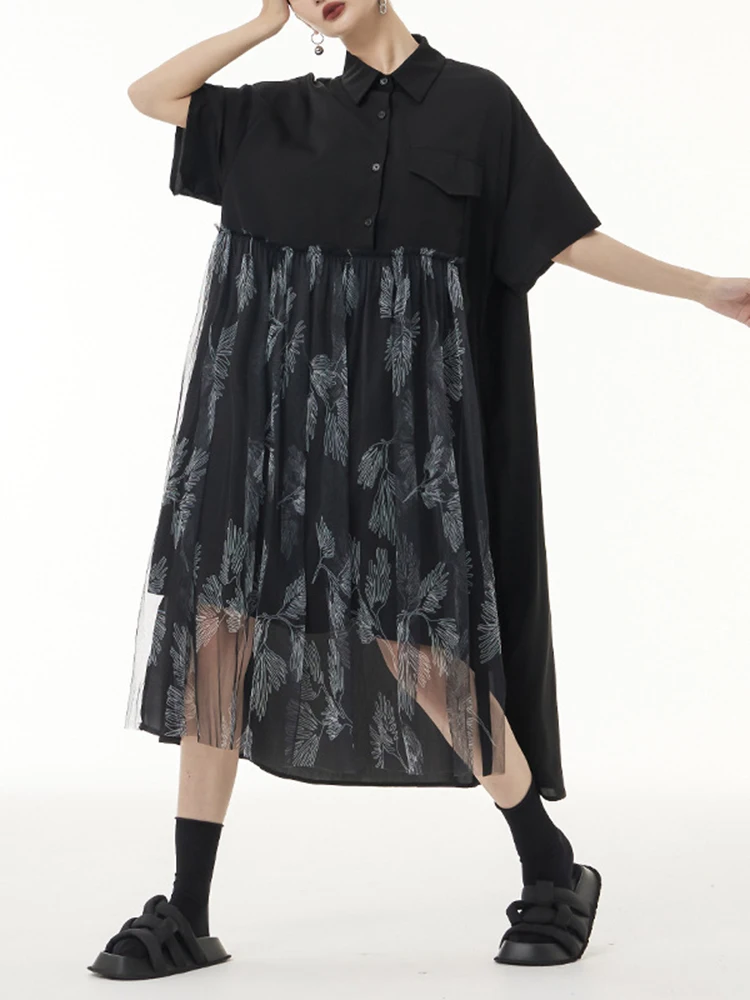 [EAM] Women Black Printed Irregular Mesh Big Size Shirt Dress New Lapel Short Sleeve Fashion Tide Spring Summer 2024  1DF8772