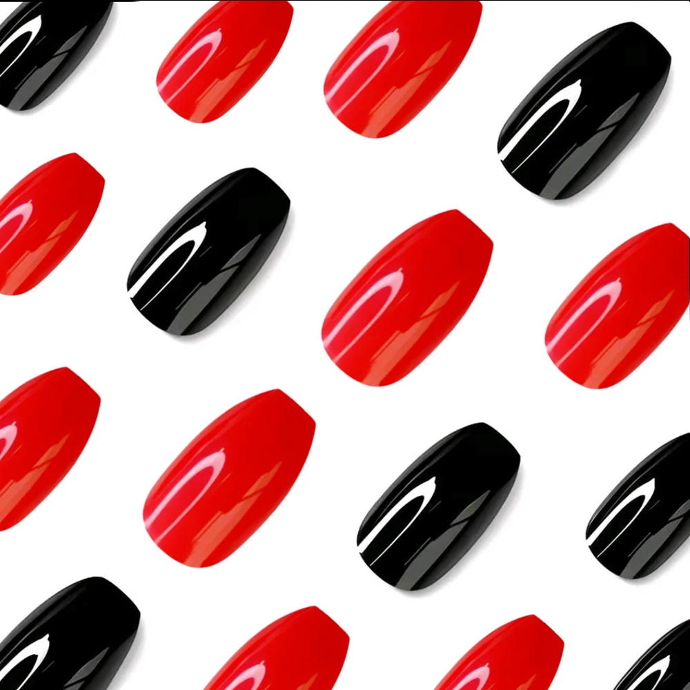 

48Pcs Shiny Black Red Acrylic Fake Nails Press Ons With Glue Bicolor Coffin Shaped DIY Woman False Nails Manicure Accessory