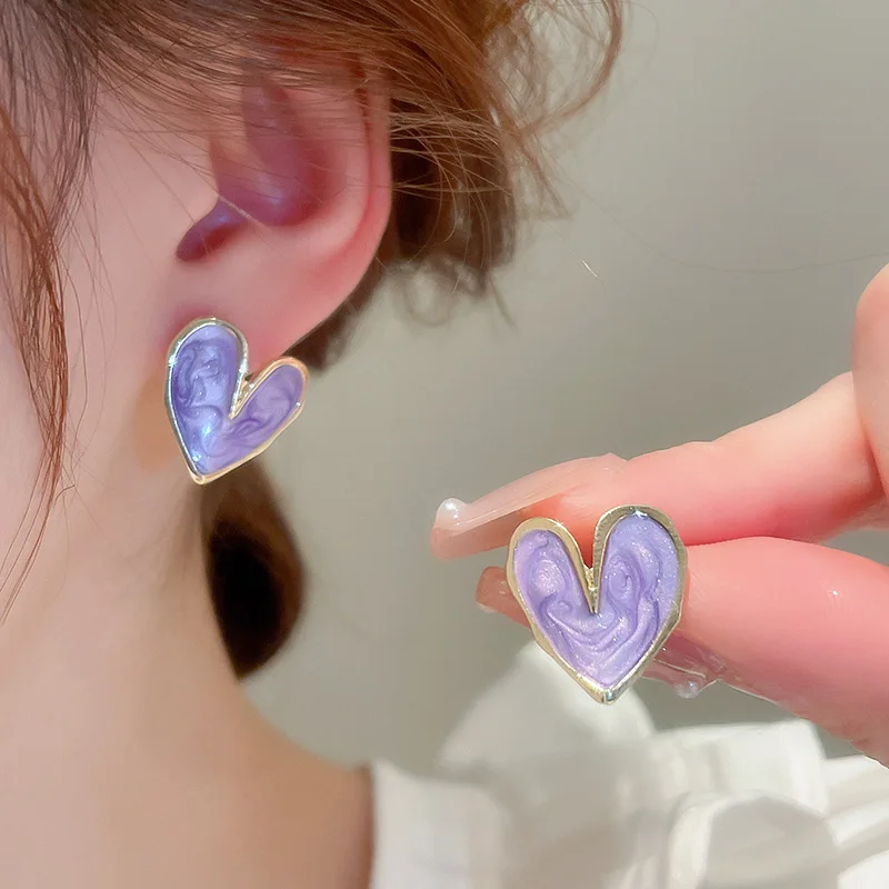 Pendientes de botón con forma de corazón para mujer y niña, aretes minimalistas de Color blanco, azul y morado, esmalte de amor coreano, estética