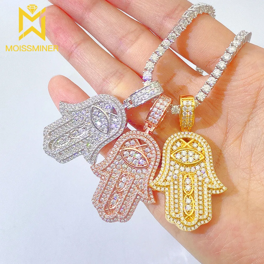 S925 Silver Moissanite Fatima's Hand Pendant Necklaces For Men Real Diamond Necklace Women Jewelry Pass Tester