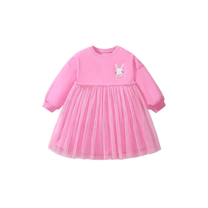 

2024 Classic European And American Style Girls' Dress Long Sleeved Mesh Skirt Autumn Pure Cotton Pink Children's Princess Skirt