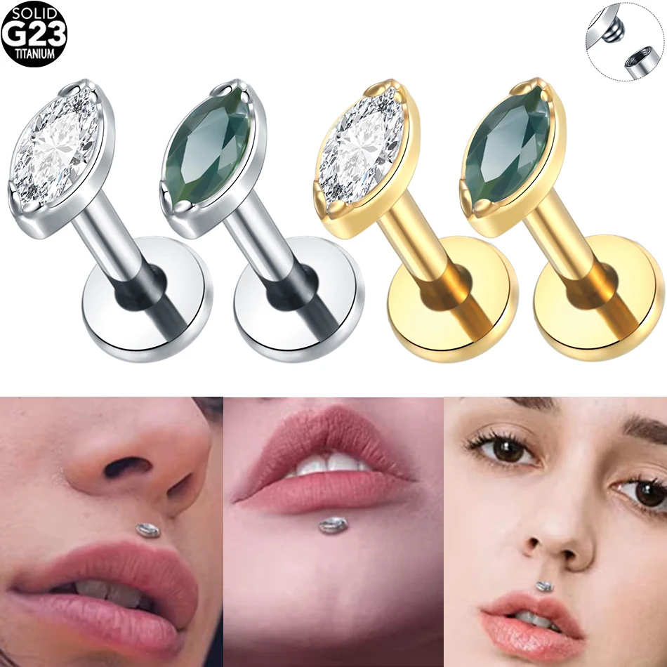 1/5PCS Titanium Marquise Labret CZ Zircon Ear Tragus Cartilage Flat Back Earring Piercing Internally Thread Lip Stud Jewelry 16G