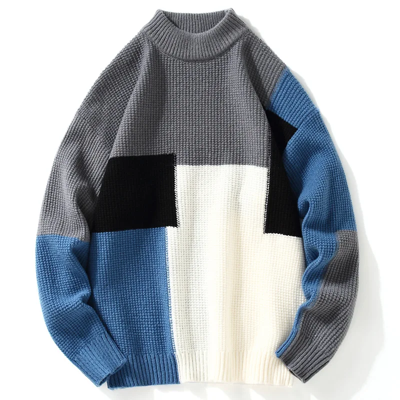 New Fashion Patchwork Sweater Men Casual Loose Baggy Knitted Pullovers Streetwear Oversize Clothing