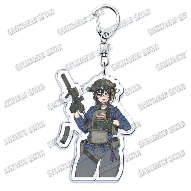 Cool Military Anime Girls Acrylic Keychains Ring for Accessories Bag Army Weapon Gun Women Pendant Keyring Jewelry Fans Gifts