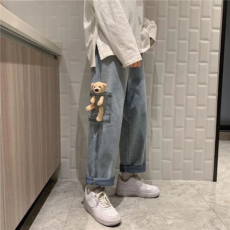 2023 New Fashion Bomb Street Jeans Men\'s Casual Pants Cute Pocket Bear Harajuku Wide Leg Pants Denim Pants Trend