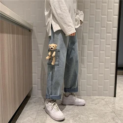 2023 New Fashion Bomb Street Jeans Men's Casual Pants Cute Pocket Bear Harajuku Wide Leg Pants Denim Pants Trend