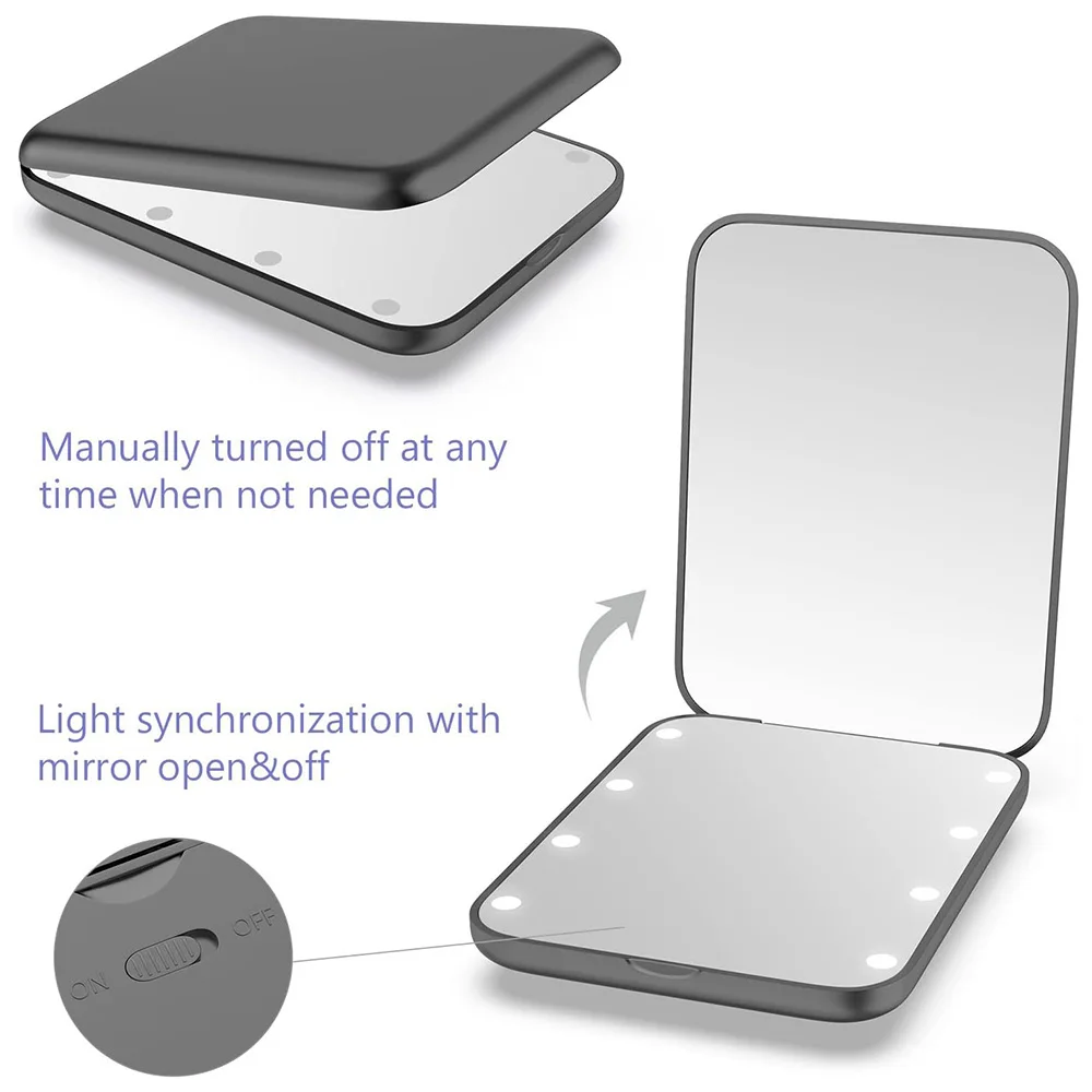 미니 LED 포켓 메이크업 거울 2배 확대 배터리 구동 휴대용 핸드헬드 메이크업 거울