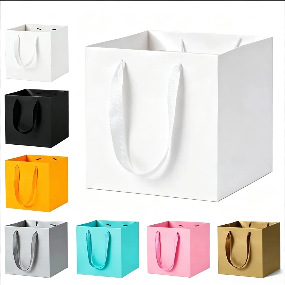Lot de 10 sacs cadeaux en papier kraft avec poignées, sacs d'emballage carrés pour fleurs, gâteaux, à emporter, pour petites entreprises, mariages, anniversaires