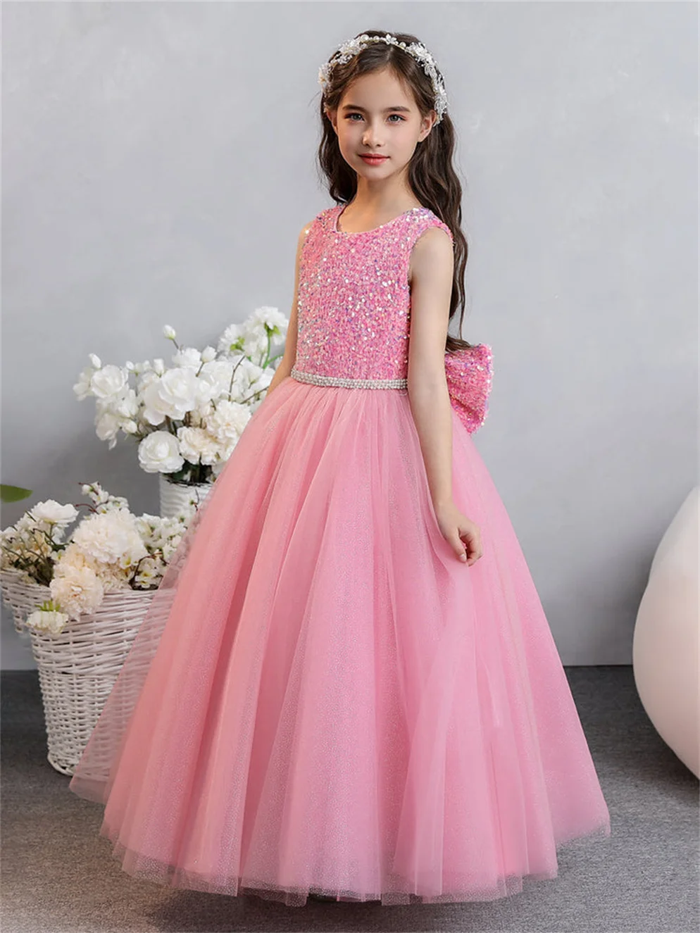 Shiyicey O-neck Sequins Bow Flower Girl Dress Cute Puffy Layered Tulle Princess Dresses for Girls Belt Ball Gowns for Wedding