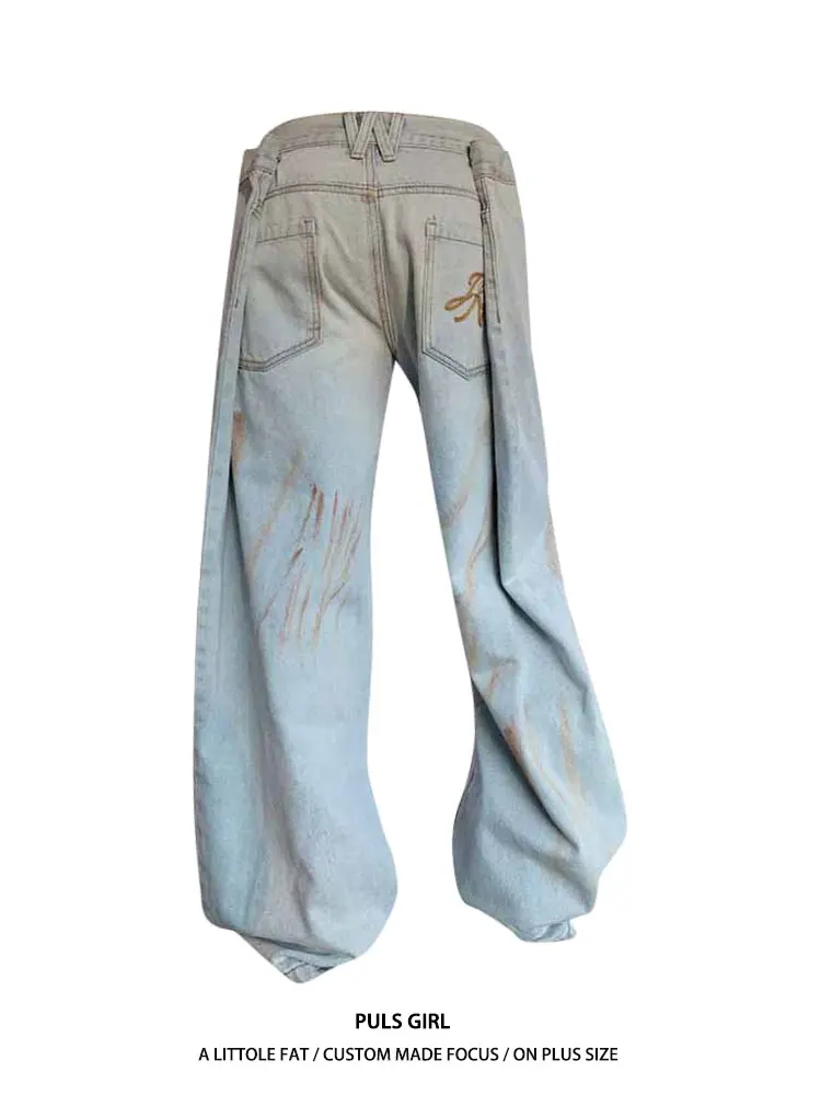

Large Size American Street Style Distressed Denim Pants Women's Loose Wide Leg Long Trousers with Pockets High Waist Casual