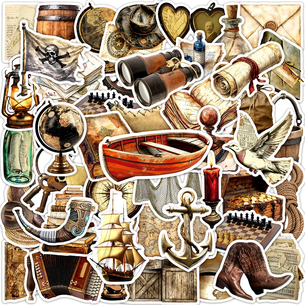 

50 Pcs Vintage Nautical Theme Stickers Pack, Creative Scrapbook for Cup Skate Laptop Helmet Phone Album Waterproof Decals