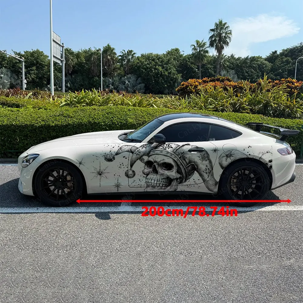 2pcs Black & White Sketch Jester Skull Car Side Wraps, Self-Adhesive PVC Waterproof & Scratch-Resistant Stickers, Car Accessory