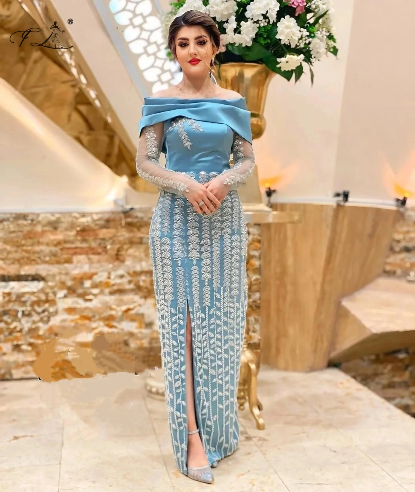 Simple Blue Mermaid Cocktail Dresses With Slit Off Shoulder Prom Party Dresses Elegant Evening Dresses For Women Customized