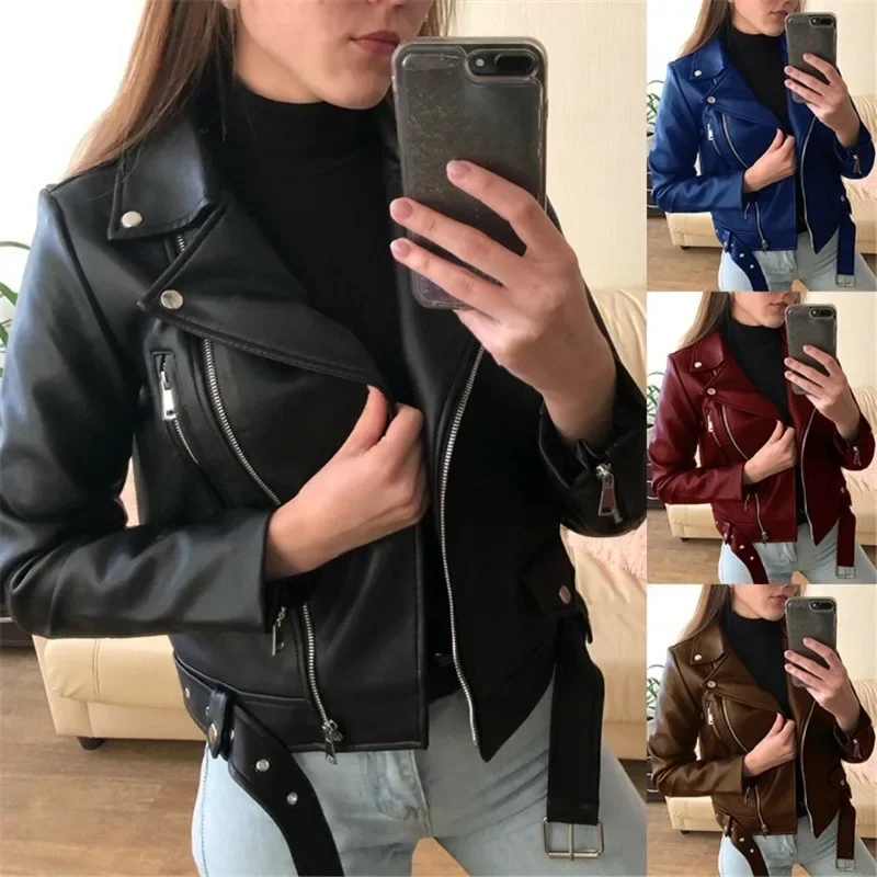 Women's Solid Color Fashion Fake Leather Jacket Long Sleeved Zippered  PU Motor Biker Jacket