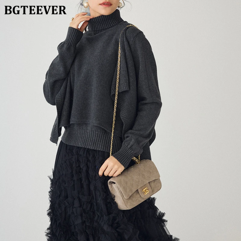 

BGTEEVER Autumn Winter Elegant Loose Women 2 Pieces Knitted Set V-neck Pullovers Sweaters & Turtleneck Shawl Ladies Knitwear