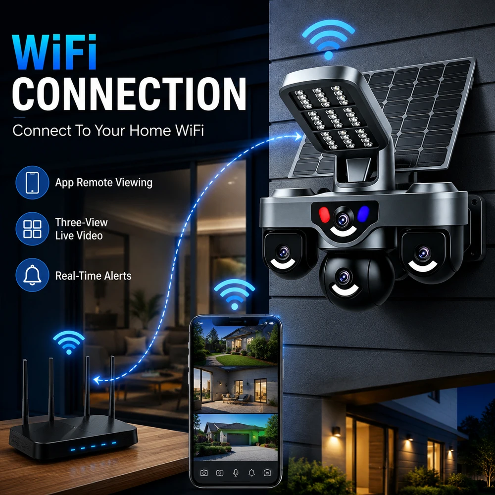 15MP 4‑Lens AOV WiFi Solar Security Camera  3‑Screen Simultaneous Monitoring Red‑Blue Strobe Alarm Outdoor PTZ Surveillance Cam