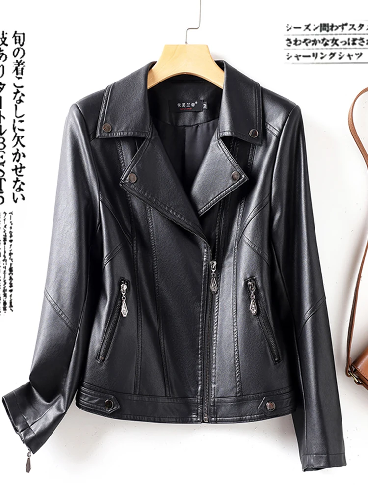  닝 정품 가죽 자켓 여성용 숏 슬리브 2025 가을 겨울 신상 블랙 오토바이 양가죽 코트 여성 패션