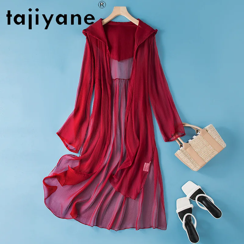 بلوزة TAJIYANE 100% من حرير التوت الحقيقي سترة حريرية طويلة أنيقة مع غطاء محرك السيارة معطف شال ملابس صيفية 2025 ملابس للسيدات
