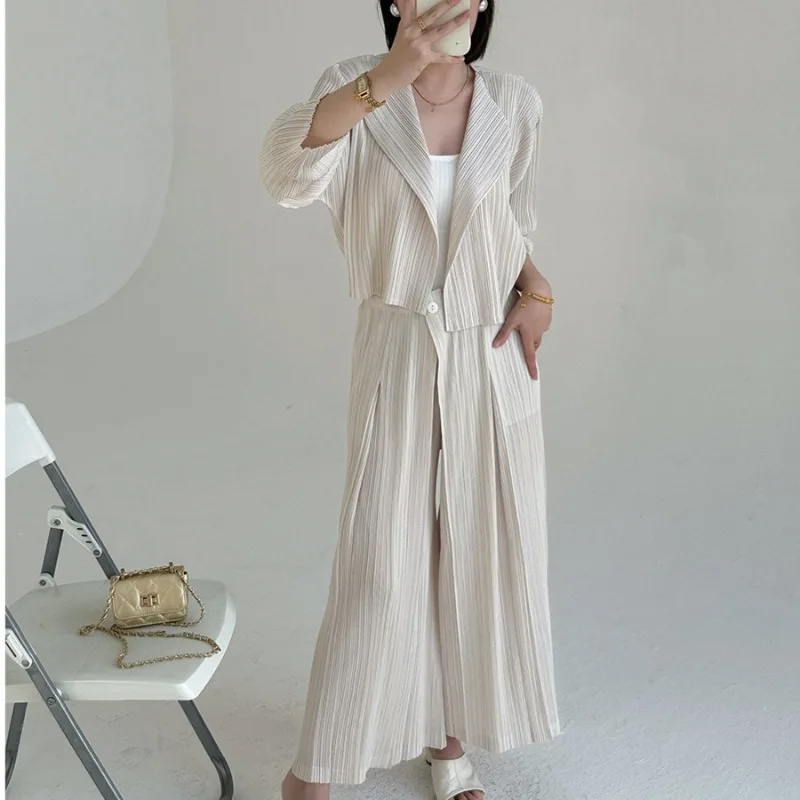 

Miyake Women Jacket 2026 New Versatile Short Cardigan Top Pleated Large Size Stretch Wide-leg Pants Fashion Commuter 2-piece Set