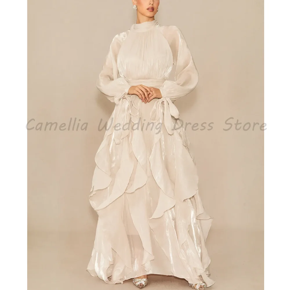 

Champagne High Neck Long Sleeve Maxi Evening Dress Luxury Organza Ruffle A-Line Formal Prom Gown for Women