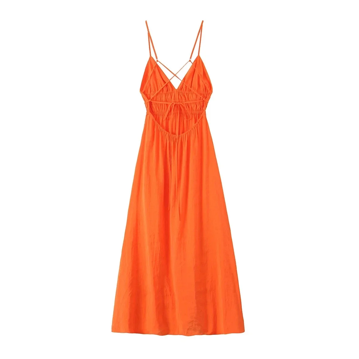 TRAF Sleeveless Orange Slip Dress Woman Pleated Long Dresses For Women Summer Tied Backless Sexy Dress Beach Evening Dresses