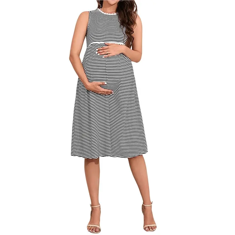 

【NEW USER EXCLUSIVE】Womens Maternity Tank Dress Stripe Color Block Sleeveless Knee Length For Baby Shower