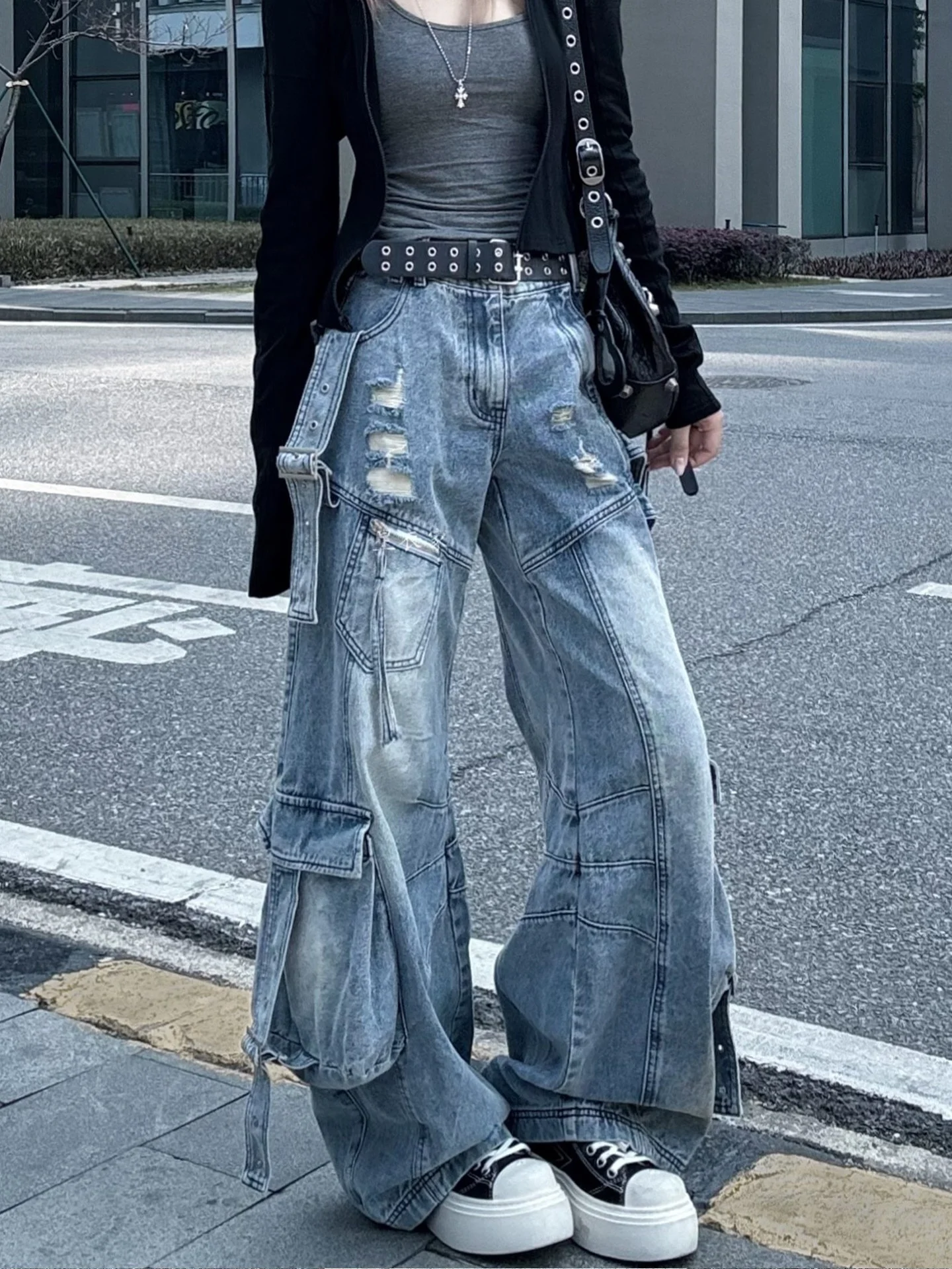 

Американские ретро-джинсы с множеством карманов для женщин, летние, в уличном стиле, свободные, широкие, длинные брюки, повседневные, с высокой талией