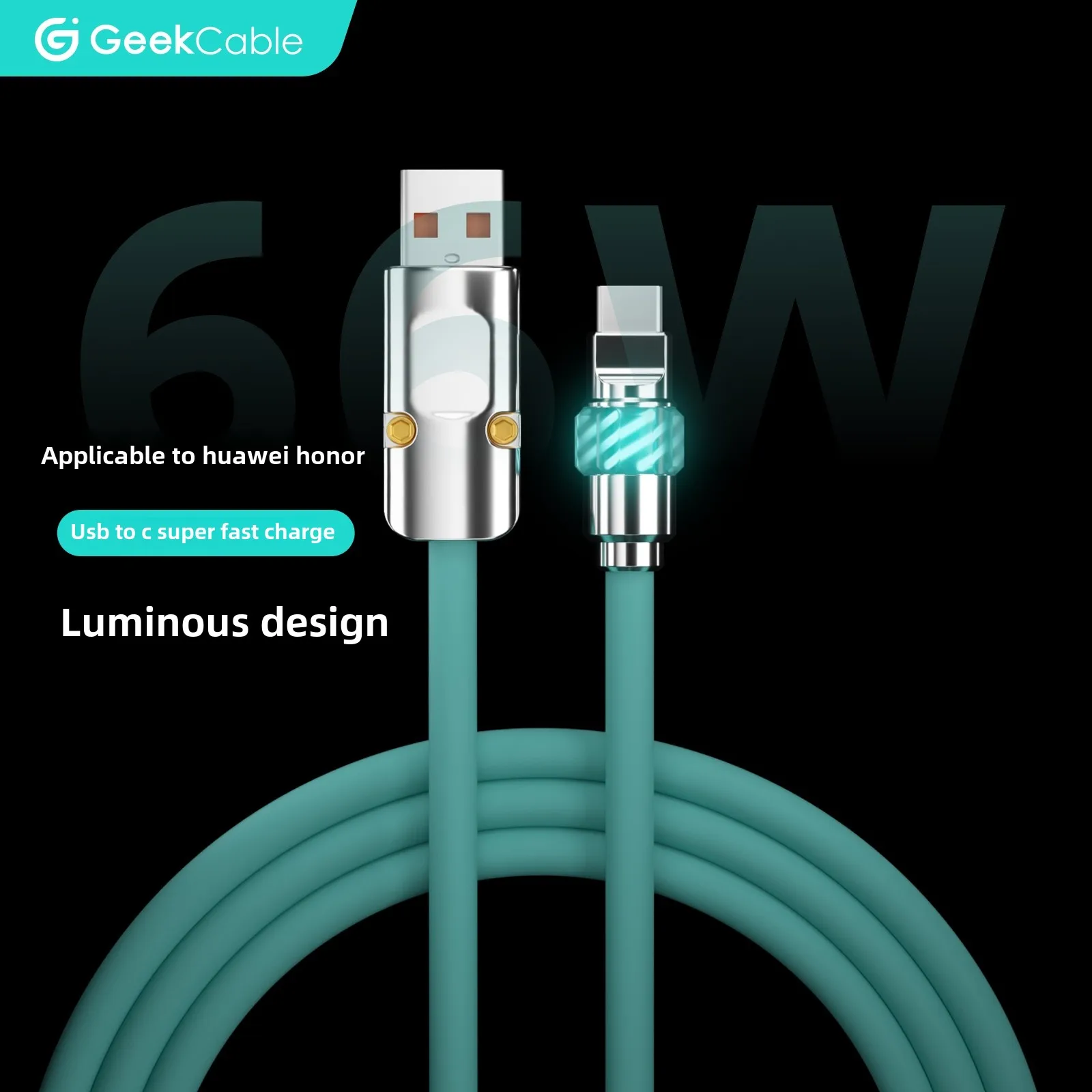 GeekBable Handmade Silicone USB-A to C Hair Head Super Fast Charging Data Cable Magic Light Suitable for Huawei Honor Phone 88W