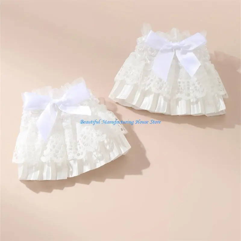 E56A Elegant Pearls Lace Wrist Cuff False Sleeves Bowknot Jabot Costume Accessory Ribbon Ruffled Brim Crosses Wristband