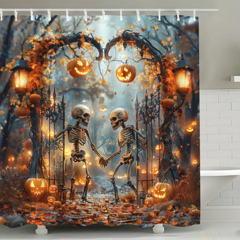 Spooky Halloween Shower Curtain - Black Castle & Skull with Yellow Pumpkin Lanterns, Waterproof Polyester Fabric, Includes Hooks