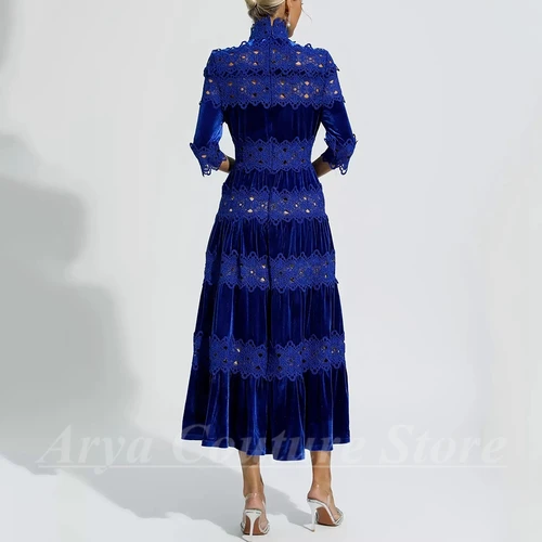 Imagen 2 del producto Arya-vestido de noche de media manga con cuello alto, encaje y terciopelo, corte en A, largo hasta el té, montaje de ilusión, vestido personalizado para fiesta de boda para mujer