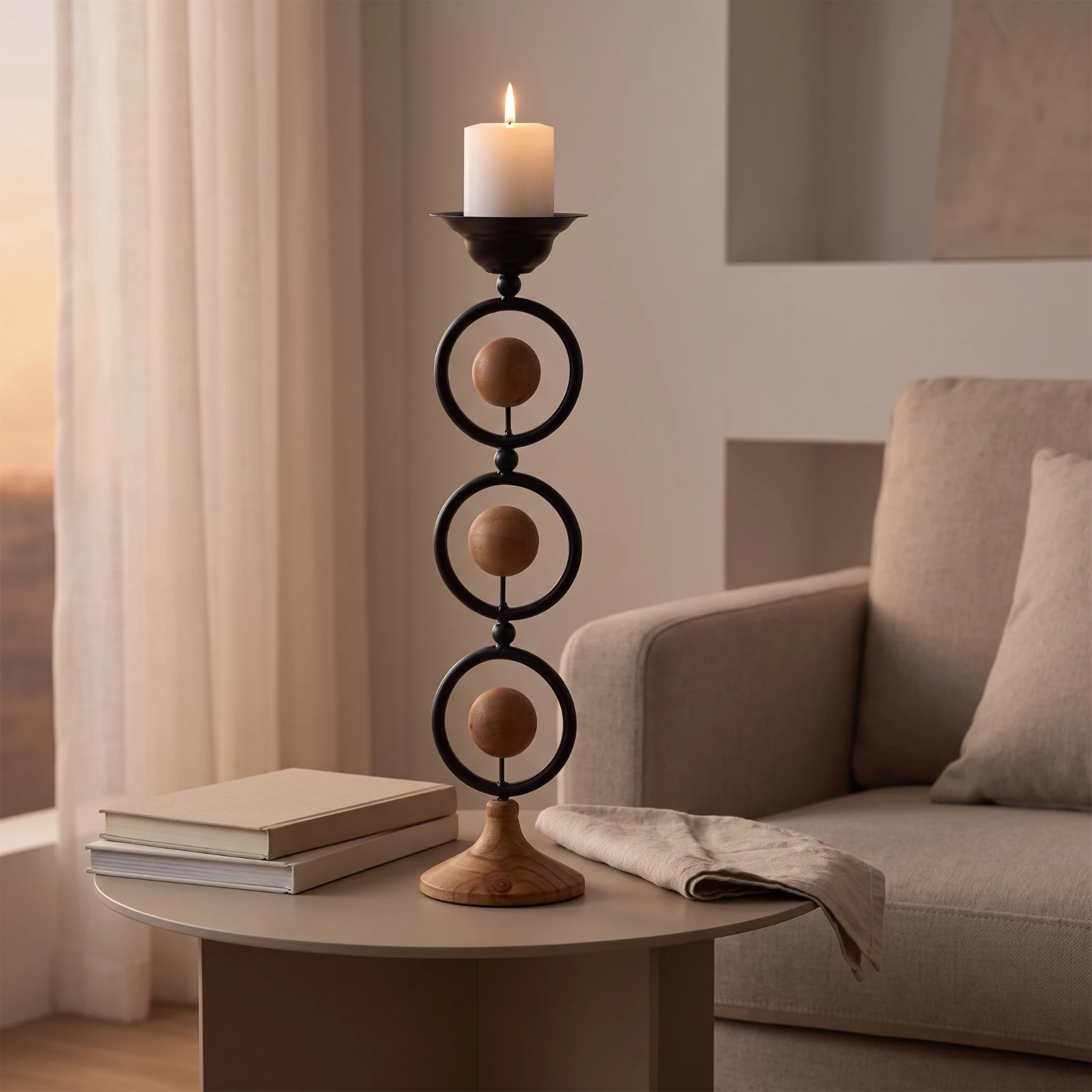 Candle Holder with Wood Base Tabletop Metal Candle Holder Candlestick Elegant Wabi-Sabi for Centerpiece, Living Room