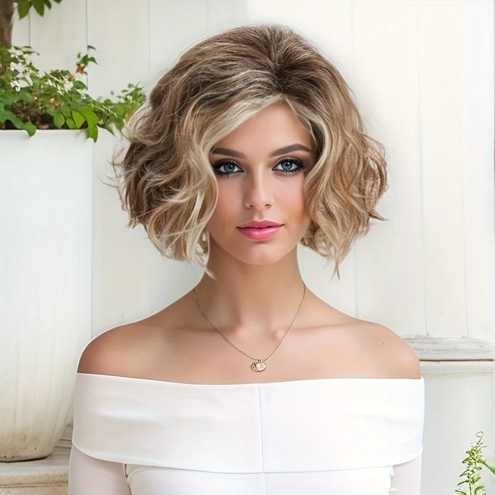 Short Curly Synthetic Hair for Women Heat Resistant Blonde Ombre Loose Wave Bob Wig Costume Party Wigs for Woman