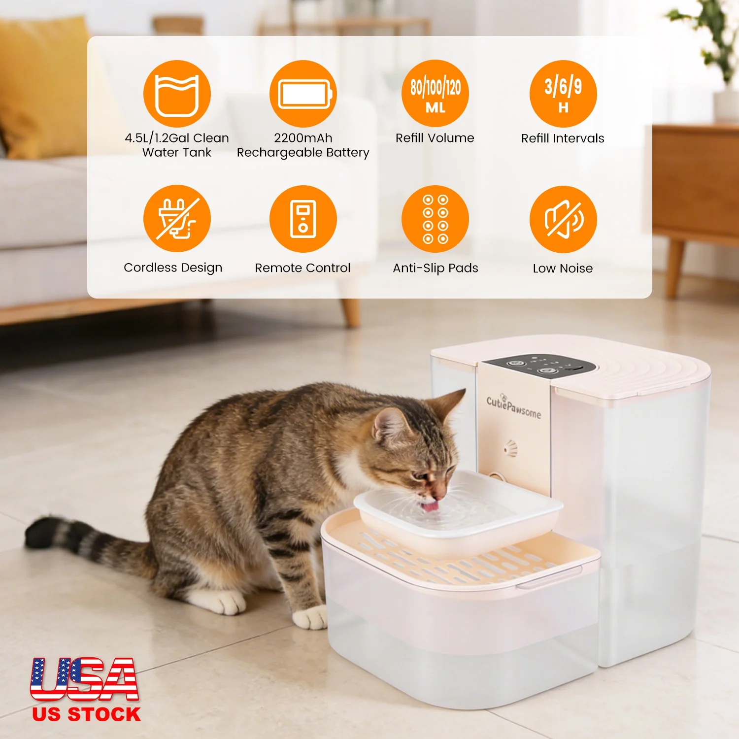 Automatic Smart Pet Water Fountain, 4.5L Cordless Rechargeable Cat Dog Water Dispenser, Remote Control with 3 Adjustable Water Volume & Time Intervals, Includes Cleaning Brush