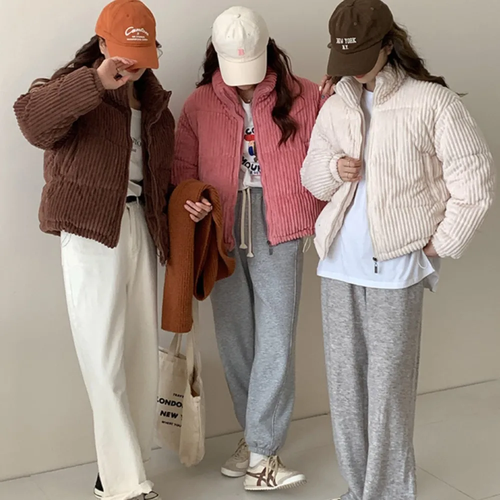 Women's Winter Jacket Corduroy Puffer Short Down Jacket Warm Quilted Cotton Coat Stand Collar Outerwear For Daily Work School