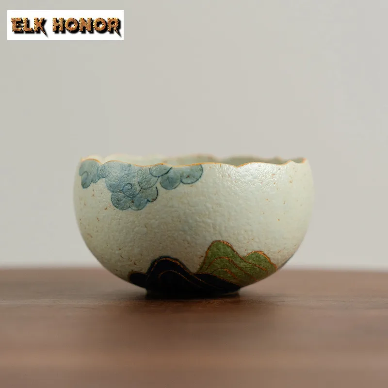 

195ml Hand-painted Tracing Gold Green Mountains Teacup Aesthetic Tea Bowl Mug Tea-tasting Smelling Cup Chazhan Master Cups Cha